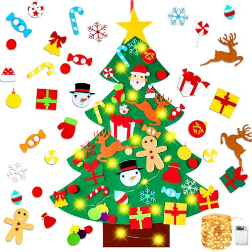 NEWUPZSI Feltro Albero Natale da parete Albero Di Natale In Feltro Per Bambini pupazzo di neve Albero Natale montessori per bambini,albero di Natale con luci Decorazioni Natalizie Da Parete Per Porte