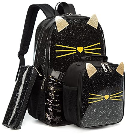 Meetbelify Rucksack für Mädchen, Rucksäcke für Grundschule, Vorschulstudenten, Kinder, Schule, niedlicher Rucksack mit Lunchbox, Katze schwarz, Medium, Classic