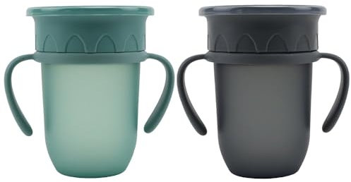 Sippy Cup 360 Tiny to Tots Toddler Trainer Cup 280ml for Children, 2 Pack Baby Drinking Cups, BPA Free 6M+ No Spill Leakproof Twin Handle Grey & Teal Baby Weaning Cup