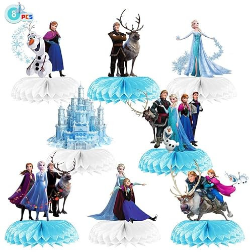 8Pcs Magic Frozen Birthday Party Supplies, Violet Blue Series Paper Table Decorations, Elsa Princess Honeycomb Centerpieces 3D Double Side for Girls