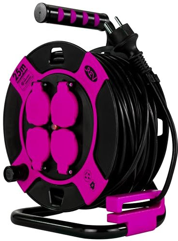 REV Kabeltrommel, IP44, Outdoor, 4 Schutzkontaktsteckdosen, 25m, pink