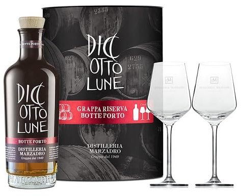 Marzadro Diciotto Lune Riserva Porto – Exklusives Grappa-Geschenkset mit 2 Harmony Gläsern (1 x 0,5l)