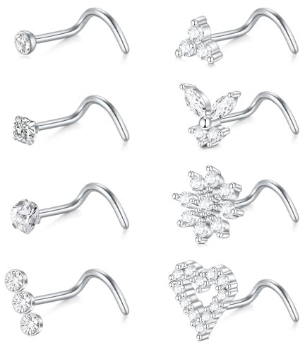 FECTAS 18g Nasenstecker Ring Edelstahl Nasenstecker Diamant CZ Herz Schraube Nasenringe für Frauen Korkenzieher Nasenloch Piercing Schmuck