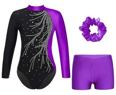 Alvivi Mädchen Turnanzug Glitzer Gymnastikanzug mit Kurze Hose Haarband Langarm Gymnastikbody Turntrikot Gymnastik Kleidung Tanzkostüm Lila 146-152