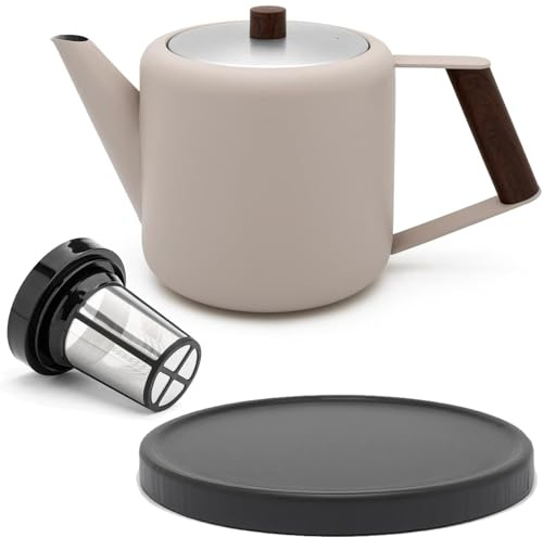 Bredemeijer doppelwandige Retro Teekanne 1.1 Liter beige - mit schwarzem Holz-Untersetzer & Edelstahl-Tee-Filter Sieb-Einsatz - isolierende Kanne aus Edelstahl