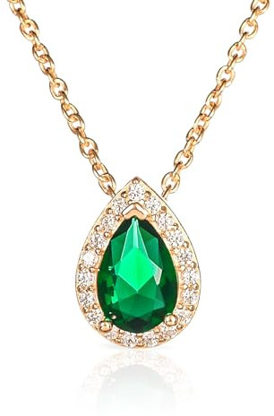 Diamond Treats Goldkette mit birnenförmigem Anhänger aus 925er Sterlingsilber mit einem grünen Zirkonia-Stein, Smaragdgrüne Halskette aus Gold für Frauen, Grüne Kette Gold für Damen
