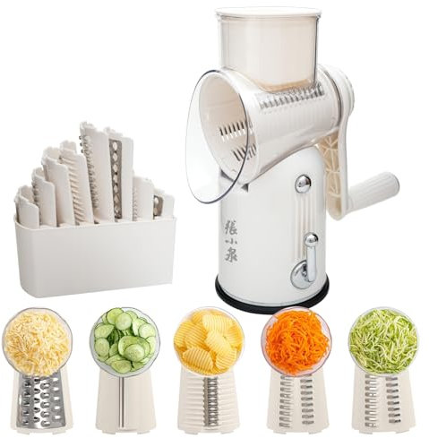 ZHANG XIAO QUAN SINCE 1628 Rallador de queso giratorio 5 en 1 con manivela de mano, mandolina, cortador de verduras, juliana, cortador de nueces, con base antideslizante, almacenamiento de cuchillas