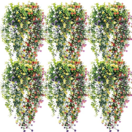 Hotop Künstliche Hängepflanzen, 6 Stück, künstliche Hängepflanzen, künstliche Hängepflanzen, für drinnen und draußen, Efeu, Wanddekoration, grüne Rebe mit Blume für Zimmer, Hochzeit, Herbstdekoration