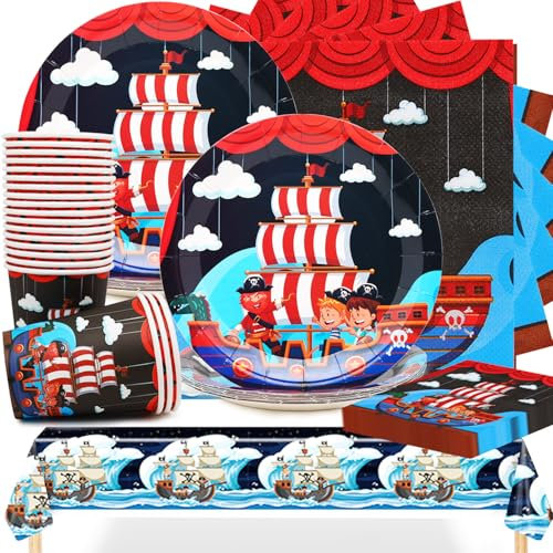 Huaxintoys Decoracion Cumpleaños Pirata,Vajilla para Pirata Fiestas de Cumpleaños,Juego Vajilla de Accesorios de Incluye Platos, Taza, Servilletas, Mantel, Decoración de Fiesta de Cumpleaños Infantil
