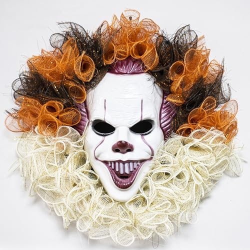 YUEMING Halloween Clown Mask Wreath, 17 Inch Halloween Decorations, Scary Clown Mask Wreath for Front Door or Indoor Wall Decor