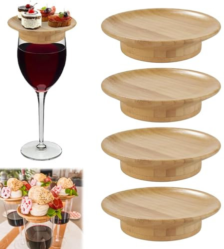 Rienan 4 Stück Weinglas Topper Wine Glass Charcuterie Topper Weinglas Topper Holz Weinglas Aufsatz für Flasche Prevent Red Wine From Splashing, für Desserts Getränke Partyzubehör.