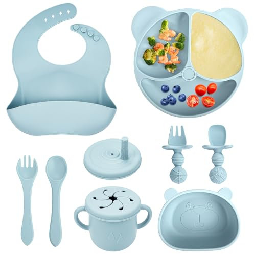 comeder Baby Weaning Set, 10 Pcs Silicone Baby Feeding Set, Baby Led Weaning Feeding Supplies for Toddlers, Baby Plates and Bowls Sets with Adjustable Bib, Food Plate Kit, Fork & Spoon (Blue)