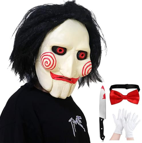 Claofoc Saw Maske Horror Killer Billy Puppen Maske Gruselige Vollkopf Clown Maske mit Handschuhen Messer Rote Schleife Halloween Cosplay Kostüm Gruselige Requisiten Unisex