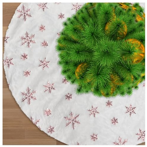 Jsdoin Weihnachtsbaumröcke, 91,4 cm, weißer Plüsch, doppellagig, Baumrock mit rotgoldener Schneeflocke, bedruckt, Weihnachtsbaum-Basisabdeckung für Weihnachten, Neujahr, Heimdekoration (90 cm)
