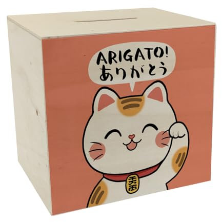 Winkekatze Spardose aus Holz mit Spruch Arigato Glückskatze als niedlicher Glücksbringer für Manga-Fans perfekte Kaffeekasse SAGT Danke und bringt Glück ins Haus