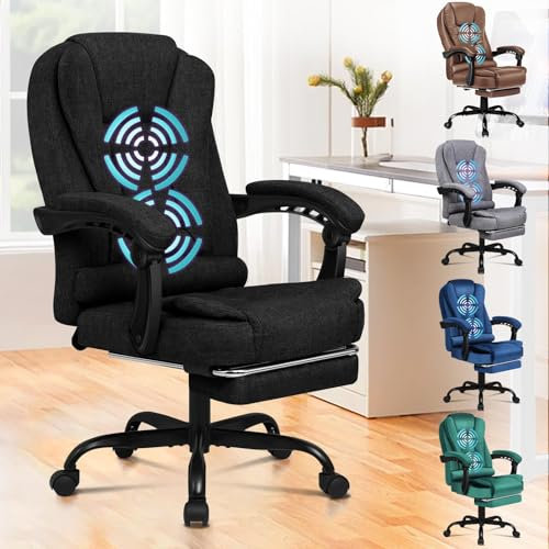 ALFORDSON Ergonomischer Bürostuhl mit Massagefunktion, Fußstütze und 150°-Neigung, Samt-Chefsessel mit SGS-Gasdruckfeder, drehbarer Gaming-Stuhl für Computer-, Leinen, Schwarz