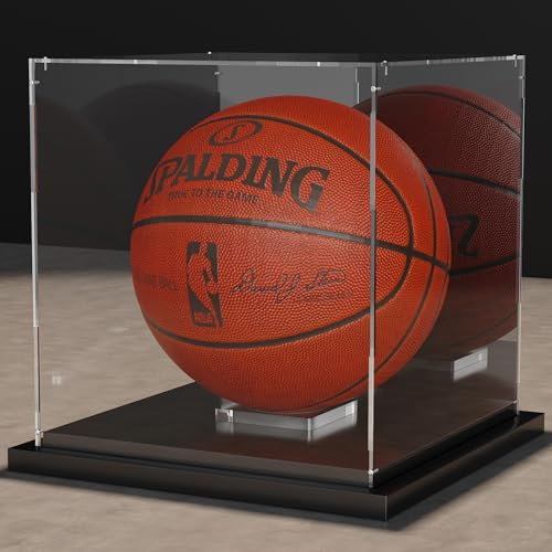 Putros Basketball-Vitrine mit Spiegel und schwarzem Metall-Rillenboden, Acryl-Basketballkoffer mit transparentem, abnehmbarem integriertem Basketball-Display-Ständer für signierten Basketball