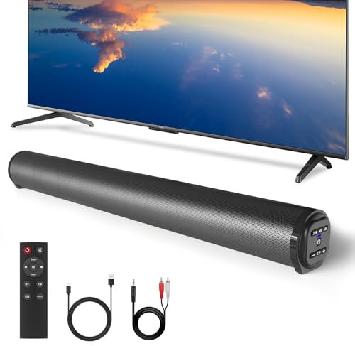 ZYMY Sound Bar for TV, Small Soundbar with Bluetooth, USB, TF, FM, TWS, RCA & AUX Playback, PC Soundbar Speaker 20W, 2000mAH Rechargeable Battery, Button & Remote Control - Black