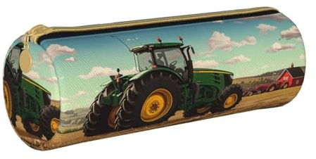 Federmäppchen mit Traktor-Farm-Motiv, bedrucktes Leder-Federmäppchen, rundes Stifteetui, Büro, großes Federmäppchen, Schreibwaren-Box für Männer, Frauen, Teenager, Studenten, weiß, Einheitsgröße,