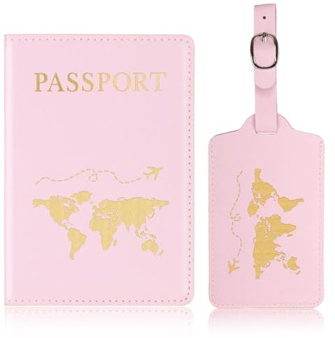 AEIOPRS Custodia Passaporto in Pelle PU con Etichetta Bagaglio Portapassaporto da Viaggio Uomo e Donna Rosa