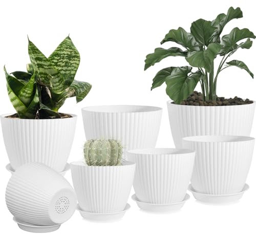 Duscdesp 18/17/16/14/13/11/10CM Plant Pots Indoor Outdoor 7 Pcs Plastic Plant Pots,Large Plant Pot Indoor with Drainage Holes and Tray,Plants Flower Pot for Home Garden (White)