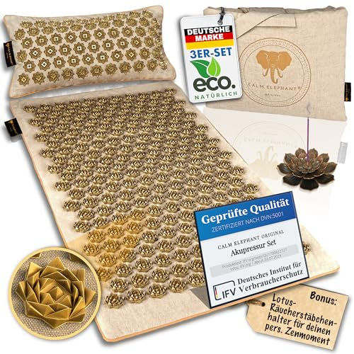 CALM ELEPHANT ORIGINAL® Luxus Akupressurmatte mit Kissen XL Set PURE ECO, Stachelmatte Rücken, Verspannungen lösen, Akupunktur Matte, Kissen mit Wärmefunktion & Tasche, natürlich und nachhaltig, beige
