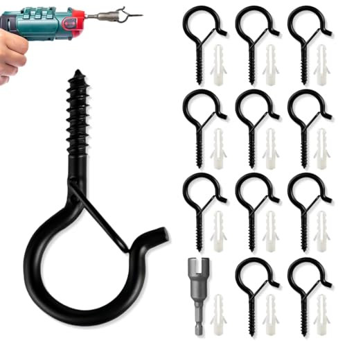 Ganchos De Tornillo, M5 12 piezas Gancho pared de rosca para cargas pesadas con cierre de seguridad Gancho de techo madera, para colgar cestas de plantas, comederos para pájaros, linternas, tazas
