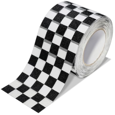 OQingluan Bande Antidérapante Adhésive, 10cm*10m | Ruban de Traction Antidérapant, Prévention des Chutes, Motif à Carreaux Noir et Blanc, Noir / Transparent