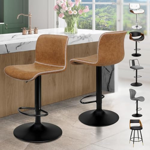 ALFORDSON Barhocker 2er Set, Vintage Drehhocker, Höhenverstellbar, Thekenbarstühle mit Rückenlehne für Küche Drehbar, Gasdruckfeder,PU-Leder,Braun