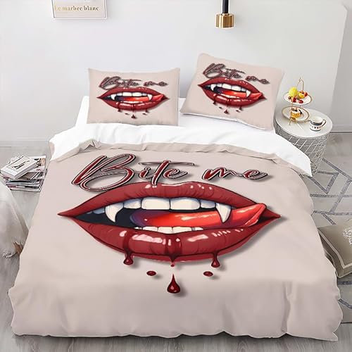 FUHAOLI Bettwäsche 155x220cm，Blutige Lippen Muster AI 3D Druck Bettbezüge Kissenbezügen 50×75 cm Mikrofaser Bettbezug,3 teilig,Bequem und atmungsaktiv Bettbezug,mit Reißverschluss#FD10