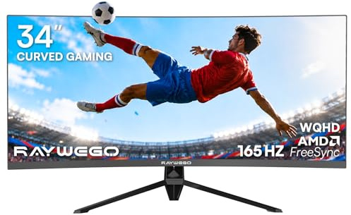 Raywego Monitor da gioco curvo ultrawide da 34 pollici, 21:9 WQHD 3440x1440p 165Hz monitor con retroilluminazione RGB, PIP/PBP, 127% sRGB, Crosshair/Timer/FPS/RTS, FreeSync HDMI 2.0 x2 e DP1.4 x 2