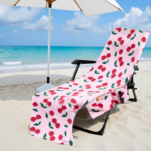 Hiseng Sun Lounger Towels with Pockets, Large Beach Towels Soft Absorbent Microfiber Outdoor Sunbed Lounge Chair Cover for Garden, Hotel, Swimming Pool, Summer Holiday (Cherry,75x210cm)