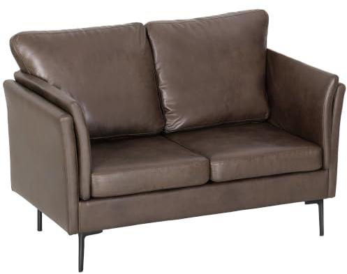 HOMCOM 2-Sitzer Polstersofa in atmungsaktivem Leder-Effekt-Stoff mit gebogenen hohen Armlehnen und Kissen, Modernes Sofa platzsparend für Wohnzimmer, Wohn- und Arbeitszimmer, 137x72x88 cm, Dunkelbraun