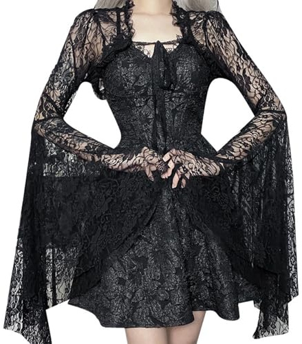 Women's Gothic Lace Bell Sleeve Crop Tops Sexy Vintage Y2K See Through Fishnet Long Flare Sleeve Short Shirt Ladies Sexy Gothic Smock Shrug Top for Halloween Cosplay Party Carnival Festival