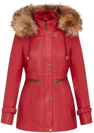 Women's Red Warm Leather Jacket Detachable Hooded Parker Trench Coat