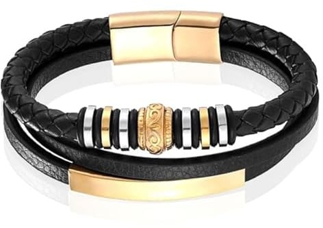 Mendes Schmuck Herren Armband - Schwarzes Leder mit Charms und Goldverschluss-23cm