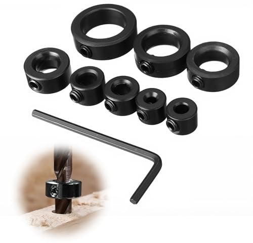 8 Stück Tiefenanschlagringe Set, 3/4/5/6/8/10/12/16 mm Tiefenanschlag Stellring mit Sechskantschlüssel, Bohrtiefenbegrenzer Stellungsregler für Holzbearbeitung Positionieren Tiefenbegrenztes Bohrer