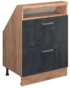 Vicco Dachschrägenschrank Rion, Schwarz Beton/Goldkraft Eiche | B60 x T46 cm, mit 2 Schubladen, platzsparend für Dachschrägen
