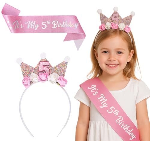 OIXEYA 5 Jahr Geburtstagskrone Schärpe Set für Mädchen, Krone Geburtstag mit Rose Blumen, Geburtstagsdeko 5 jahre Mädchen, Party Deko für Kindergeburtstag für Kinder Geburtstag Party