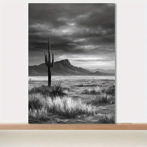 XBTYKPB Leinwandbild – Schwarz-weiße Wüstenlandschaft mit Saguaro-Kaktus, stürmischer Monochromdruck – Deko-Poster (60 x 80 cm/rahmenlos)