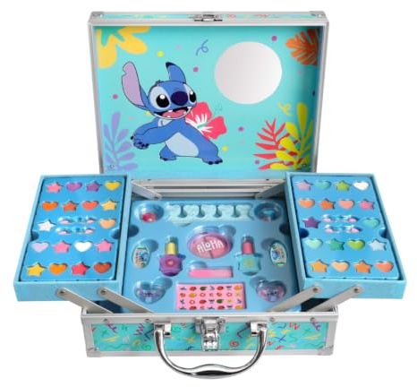 Stitch Make-up Koffer – XXL Kinder Schminkset mit Spiegel zum Aufklappen | 18 Lipglosse, 18 Lidschatten, 2 Nagellacke, 2 Rougetöne, Cremelidschatten, Nagelsticker, Pinsel, Applikatoren, Zehenspreizer