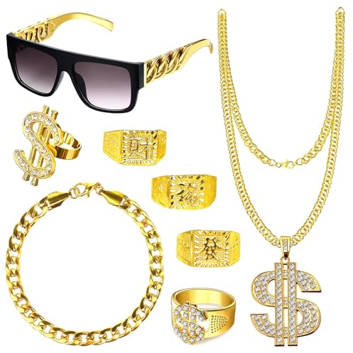 Hip Hop Rapper Kostüm Goldkette Herren Set, 80er 90er Jahre Outfit Herren, 8 Stück Zuhälter Kostüm, mit Goldkette, Sonnenbrille, Dollar Kette, Ring und Armband, für Karneval, Fasching & Mottoparty