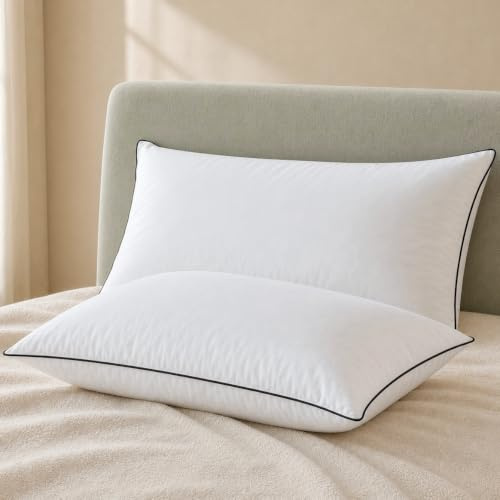 Ltinhome Goose Feather Down Pillows Queen Size Set of 2 with 100% Organic Cotton Cover, Luxury Hotel Bed Pillows for Sleeping, 3-Chamber Design Medium Support for Side & Back Sleepers, 20x30 Inch