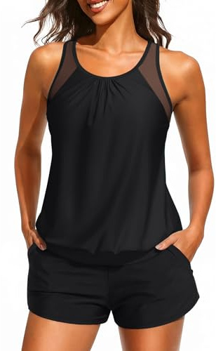 Womens Blouson Tankini Swimsuit with Shorts 2PC Tummy Control Bathing Suit