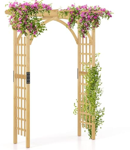 FANTASK Gartenbogen Holz, 160 x 60 x 213 cm, Rosenbogen mit Dach für Kletterpflanzen & hängende Körbe, Rankbogen Tannenholz, Rankgitter für Garten, Hochzeit, Party (Natur)
