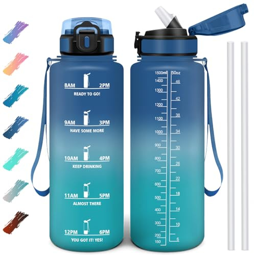 Motswedi Gourde Paille, Gourde 1500 ml, sans BPA & Étanches, Bouteille, Motivation Bouteille d'eau Bleu & Vert