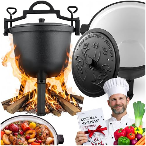 Berdsen Gusseisen Topf 11 L Dutch Oven - Emailierter Feuertopf für Lagerfeuer und Grill - gleichmäßiges Garen ohne Anhaften - mit 3 Beinen und Aufhängebügel - inkl. Rezeptbuch - Schwarz