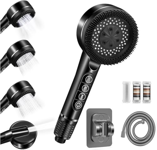 Duschkopf mit Filter, Hochdruck Handbrause mit Schlauch, Hartwasserfilter Duschkopf und Schlauch mit 18-stufigem Filter,4 Sprühmodi Bakterien, Schwermetall, schwarz