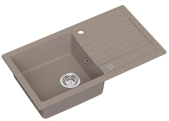 HOMEVELLO Spülbecken MOXY Einbecken Granitspüle 77x44x17,5cm Beige, Hochwertige Küchenspüle mit Siphon, Abtropffläche, Pflegeleicht, Kratzfest, Moderne Design, Perfekt für jede Küche