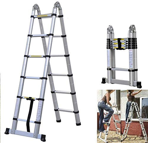 Scala telescopica con telaio a A, 3,8 m/1,9 m + 1,9 m, scala pieghevole a 12 gradini, estensibile, multiuso, in alluminio, capacità 150 kg